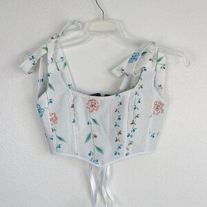 Vintage-Inspired White Corset Tank with Colorful Flower Print & Bow Straps